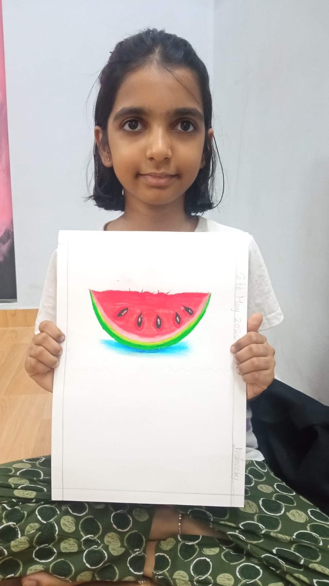 Student artwork — watermelon drawing at Fitbeat hobby class Bhandup
